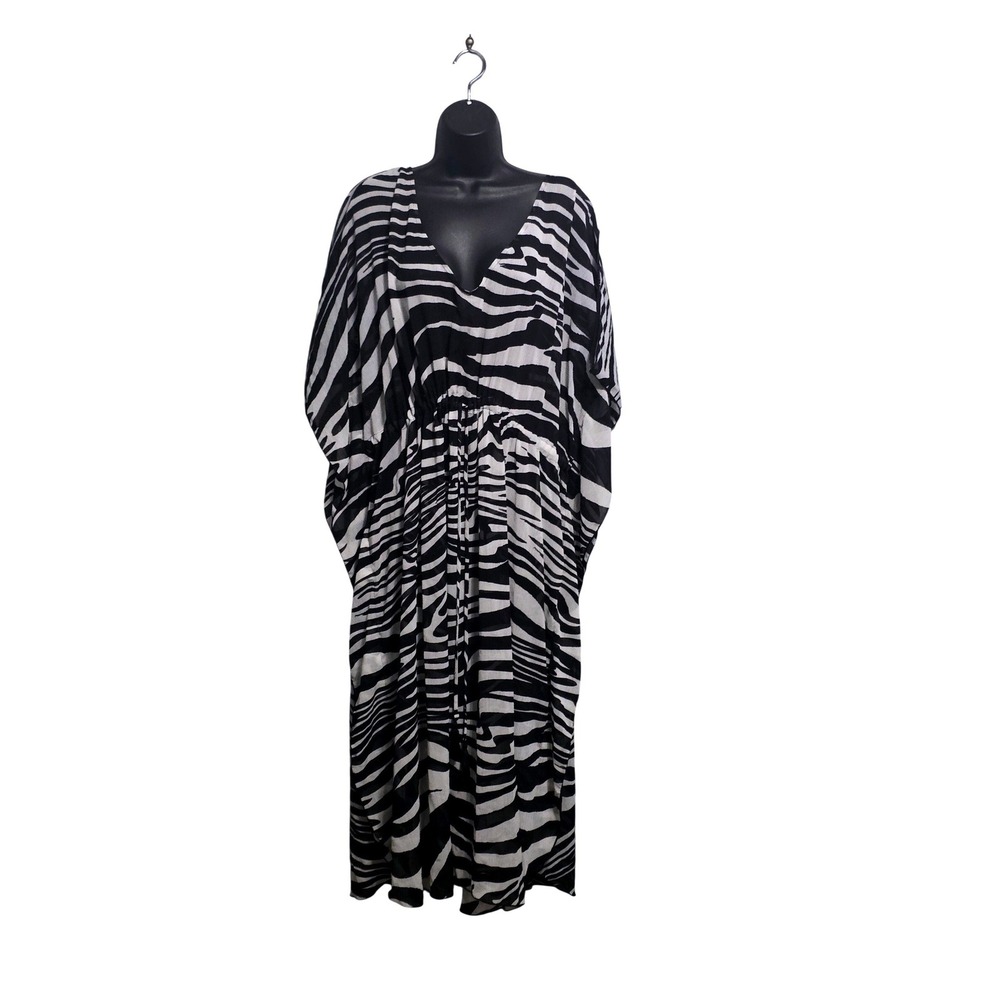 EVRI Womens Plus Size 2X Zebra Print V-Neck Drawstring Waist Kaftan Maxi Dress